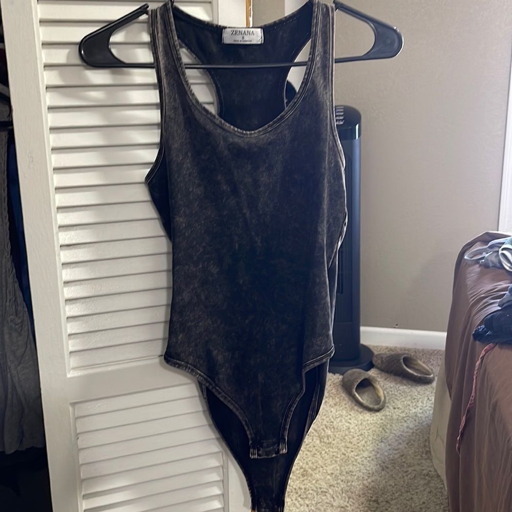 Cross tank top bodysuit. Grayish black colore. Size small. Brand is Zenana